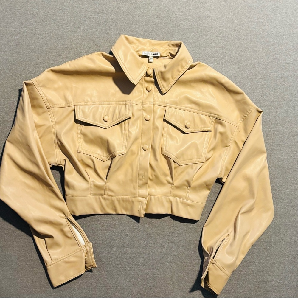Fashion Nova Tan Boxy Cropped Button Down Shirt - Picture 2 of 15